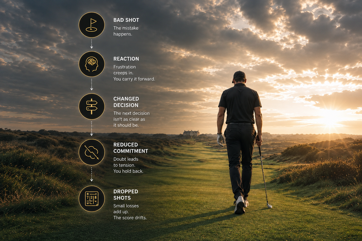 Golfer walking on a golf course with a motivational graphic overlay.