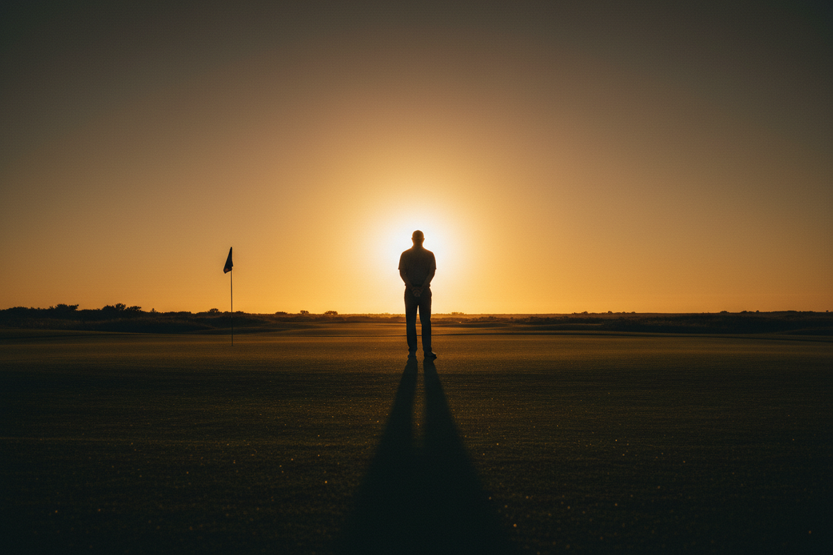 Person standing on a golf course with the sun setting in the background having improved their scores and achieved golf clarity