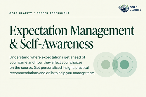 Golf Clarity Expectation Management and Self-Awareness assessment card with a summary of personalised insight, recommendations and drills