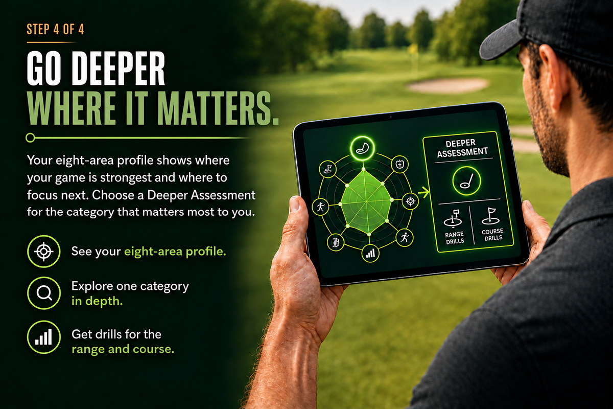 Golfer viewing their profile alongside a Deeper Assessment with range and course drills