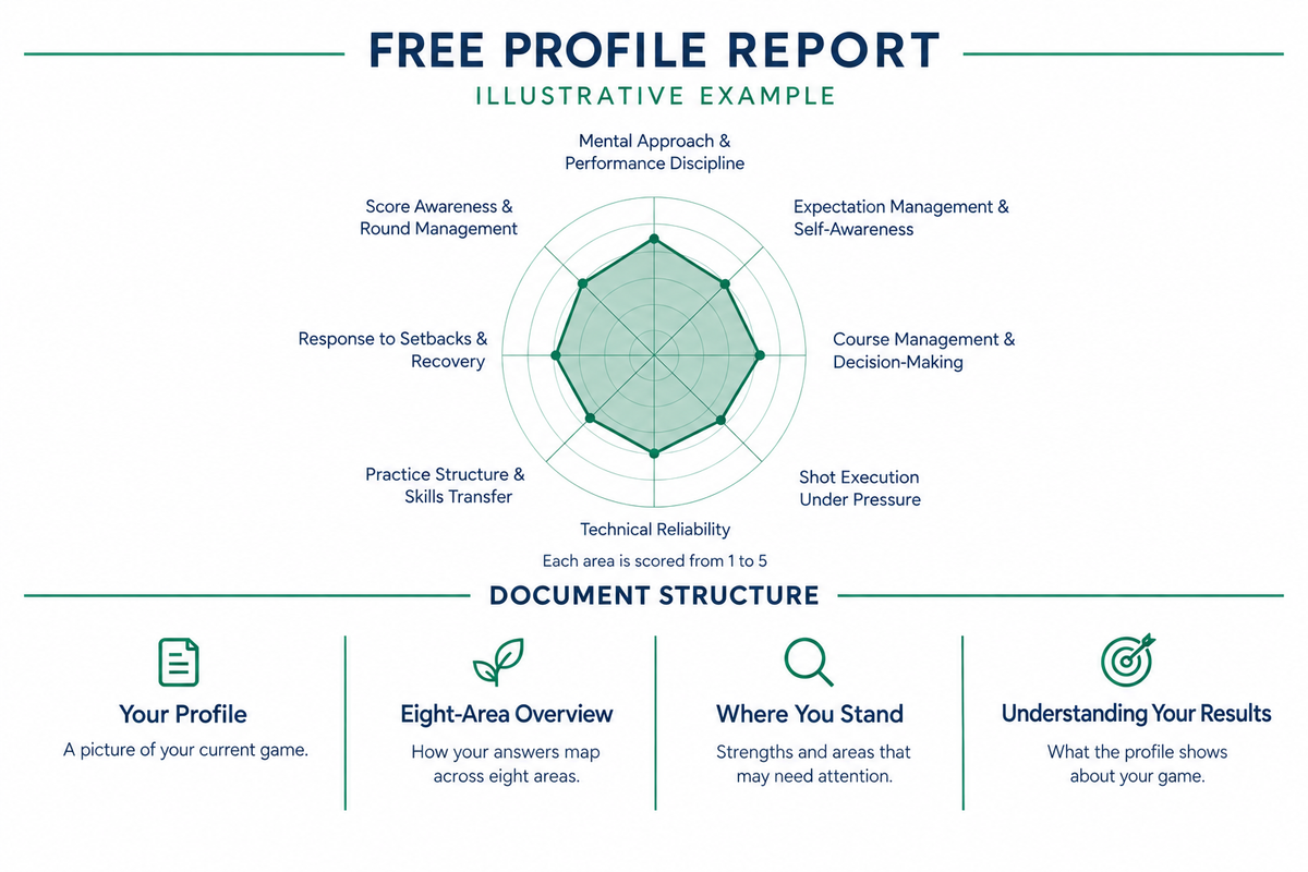 A digital infographic template titled 'FREE PROFILE REPORT' showing an illustrative 8-area radar chart and document structure sections on a white background with teal and black text.