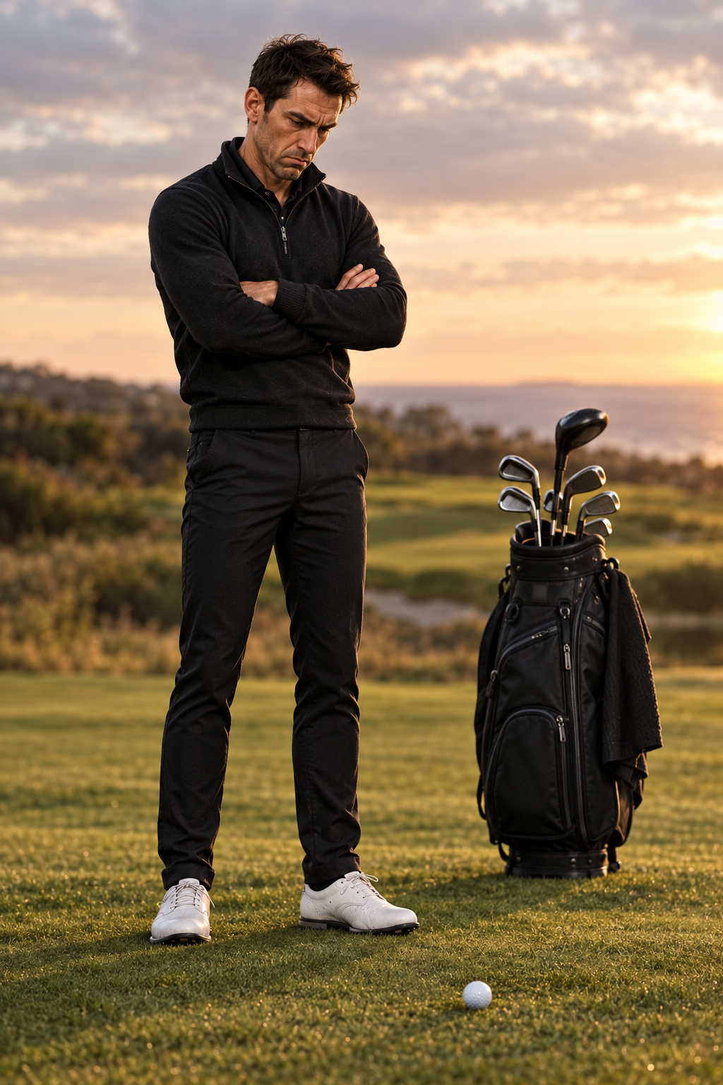 Golfer standing with folded arms after a shot, representing how self-criticism can affect focus and performance.