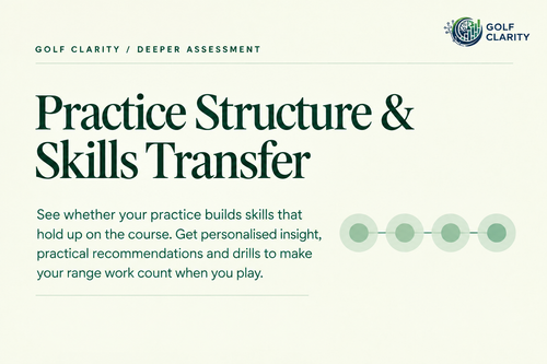 Golf Clarity Practice Structure and Skills Transfer assessment card with a summary of personalised insight, recommendations and drills