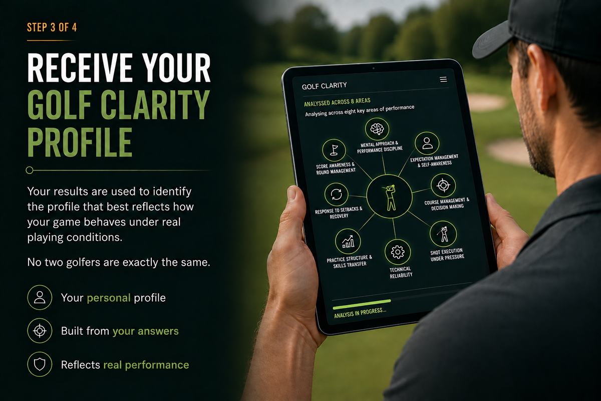 Golfer reviewing their eight-area Golf Clarity profile on a tablet
