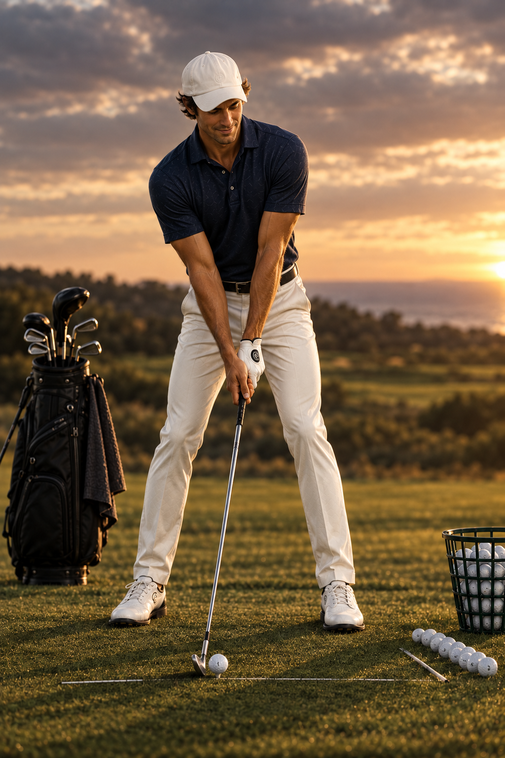 Golfer practising beside a basket of balls, representing the gap between range practice and course play.