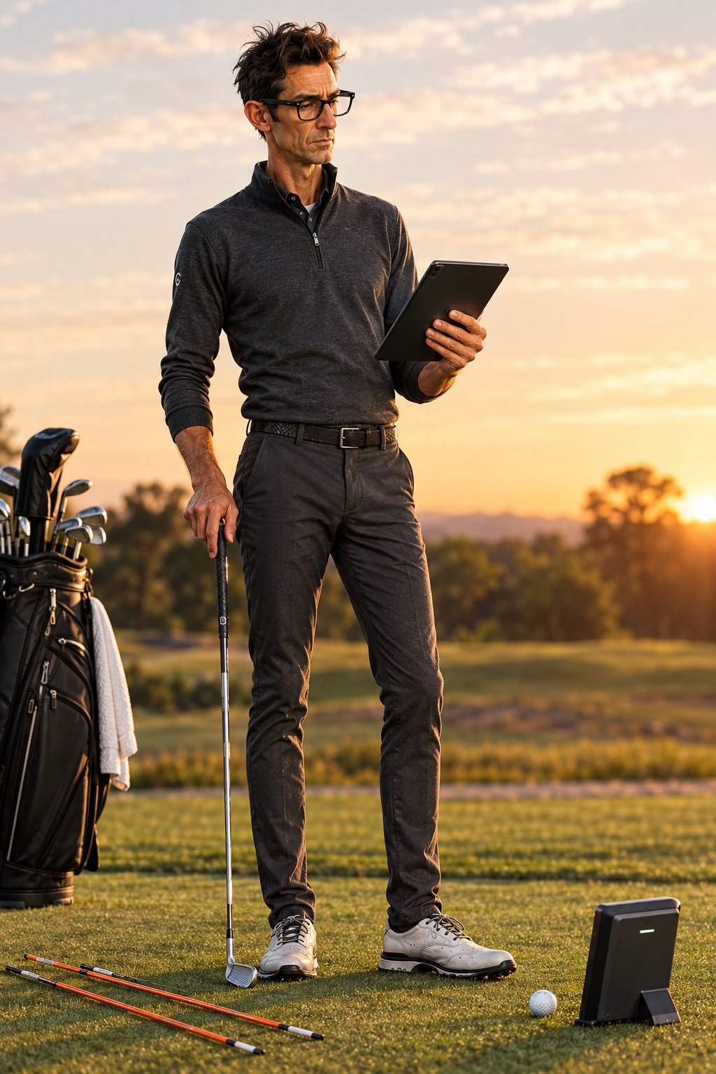 Golfer checking a tablet beside training aids, representing a focus on swing technique and reliability.