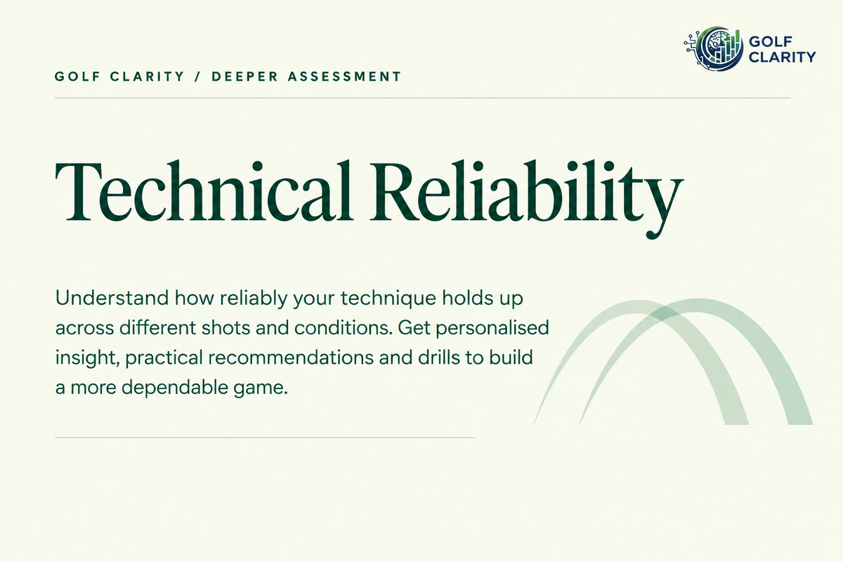 Golf Clarity Technical Reliability assessment card with a summary of personalised insight, recommendations and drills